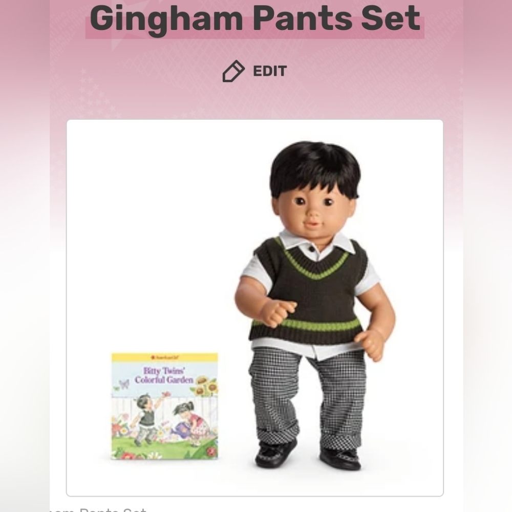 American girl bitty baby gingham pant set